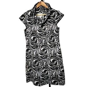 Karin Stevens Black White Mod Swirl Designer A-Line Sheath Dress Knee Length 12